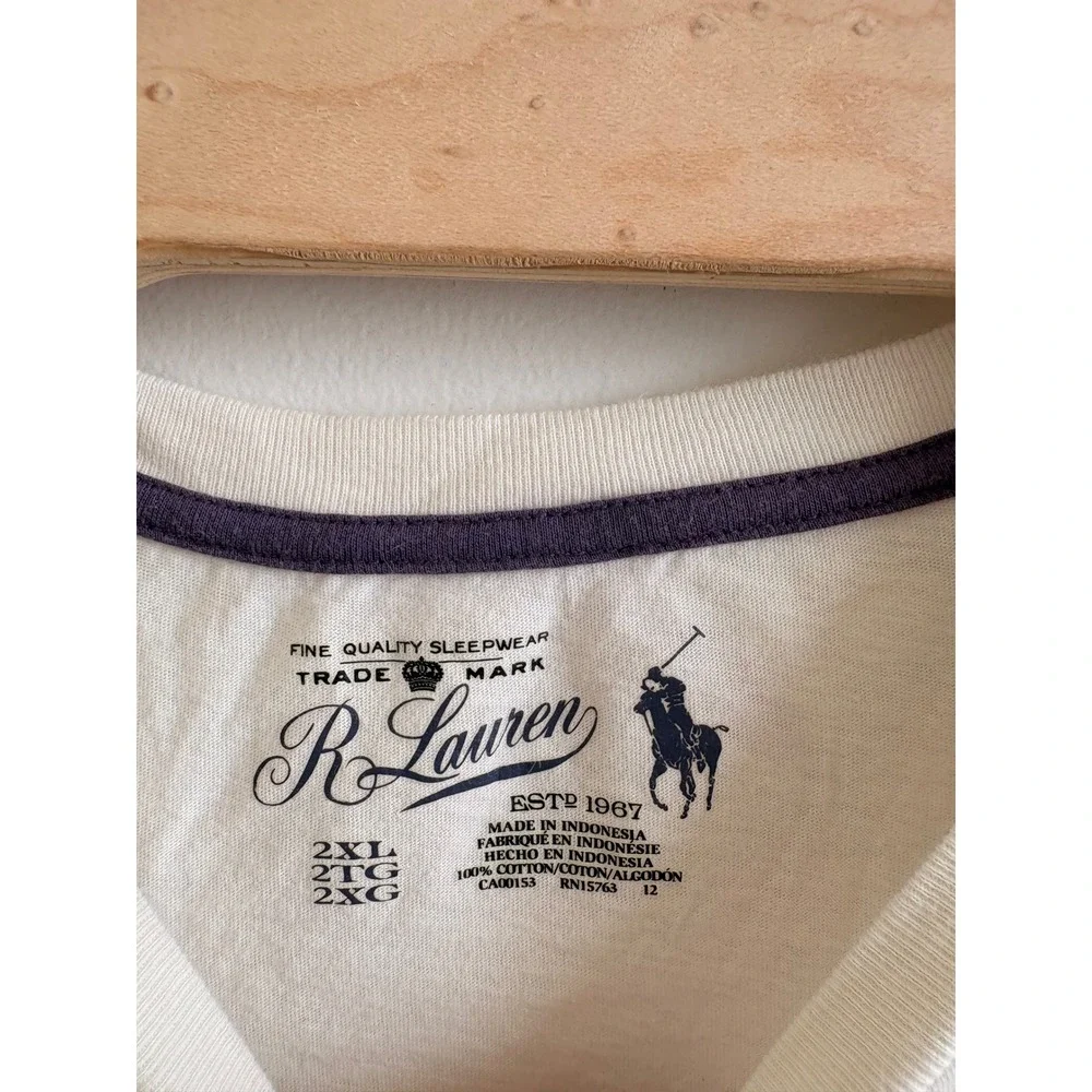 Polo Ralph Lauren Mens 2XL Cream Long Sleeve Sleep Shirt Cotton Lounge Tee‎ Logo